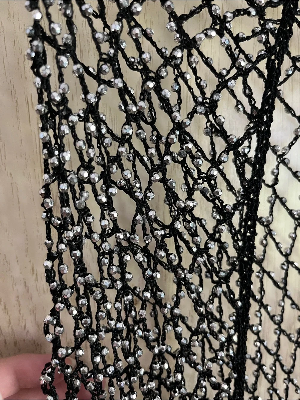 SILVER BEADED Fishnet Crochet Black CROCHET Boho Shawl